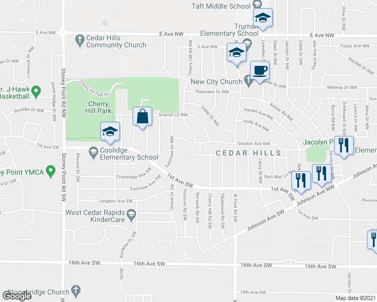 map of restaurants, bars, coffee shops, grocery stores, and more near 5701 Gordon Court Northwest in Cedar Rapids