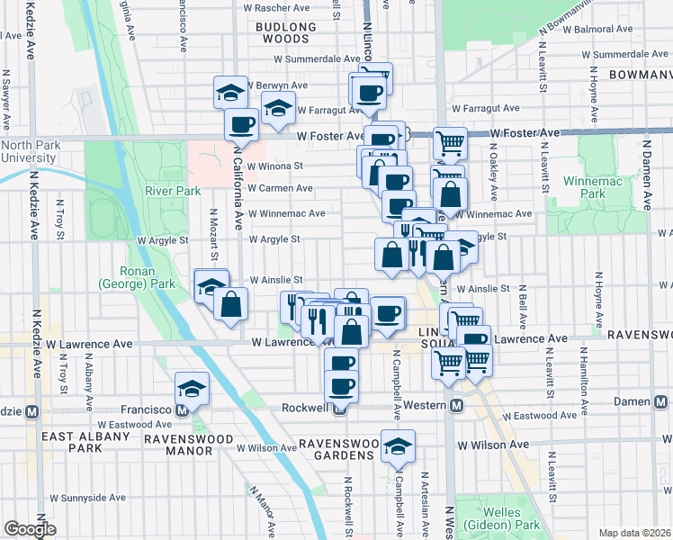 map of restaurants, bars, coffee shops, grocery stores, and more near 4926 North Rockwell Street in Chicago