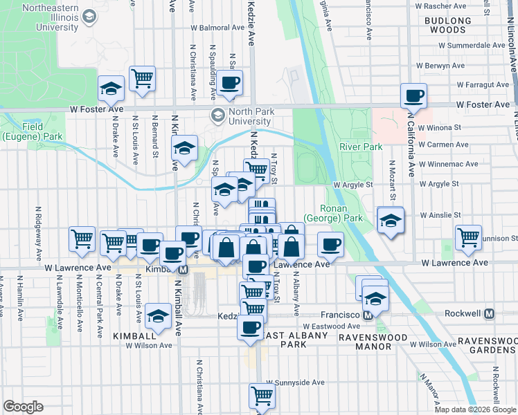 map of restaurants, bars, coffee shops, grocery stores, and more near 4929 North Kedzie Avenue in Chicago
