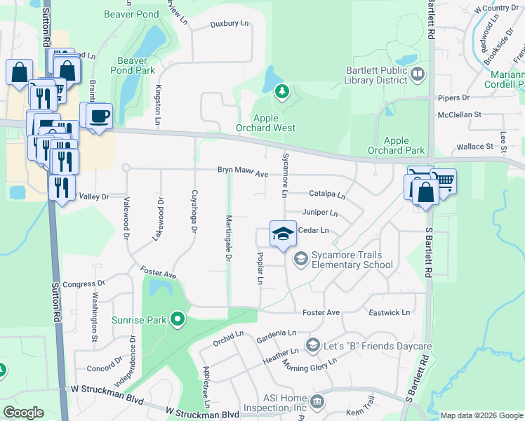 map of restaurants, bars, coffee shops, grocery stores, and more near 779 Willow Court in Bartlett