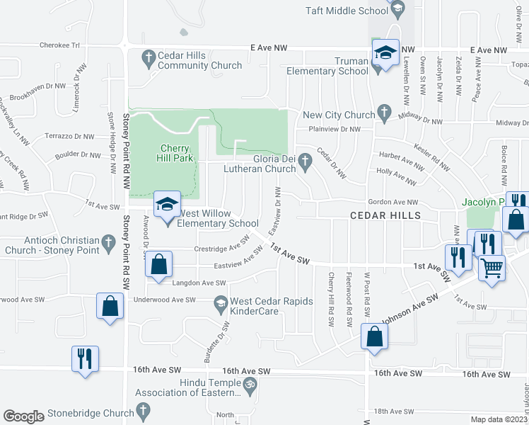 map of restaurants, bars, coffee shops, grocery stores, and more near 135 Crestridge Drive Northwest in Cedar Rapids