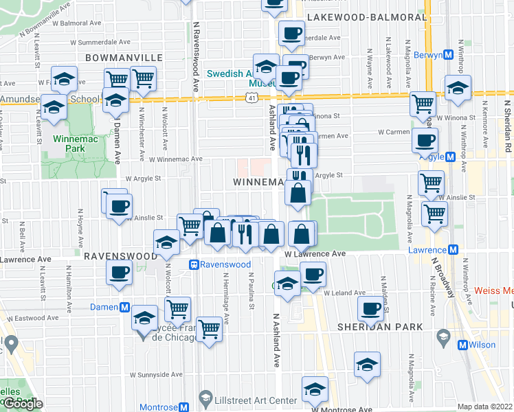 map of restaurants, bars, coffee shops, grocery stores, and more near 4891 North Paulina Street in Chicago
