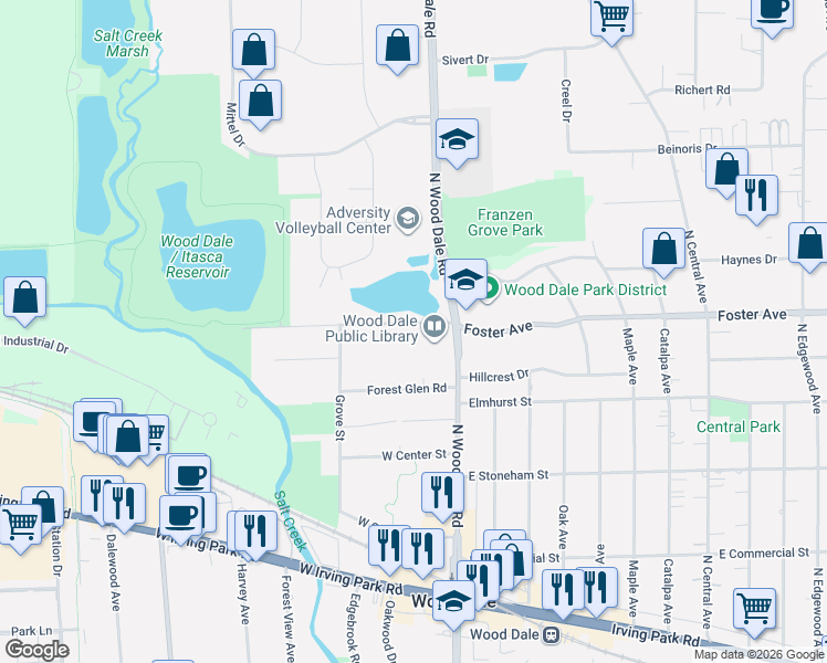 map of restaurants, bars, coffee shops, grocery stores, and more near 144 School Street in Wood Dale