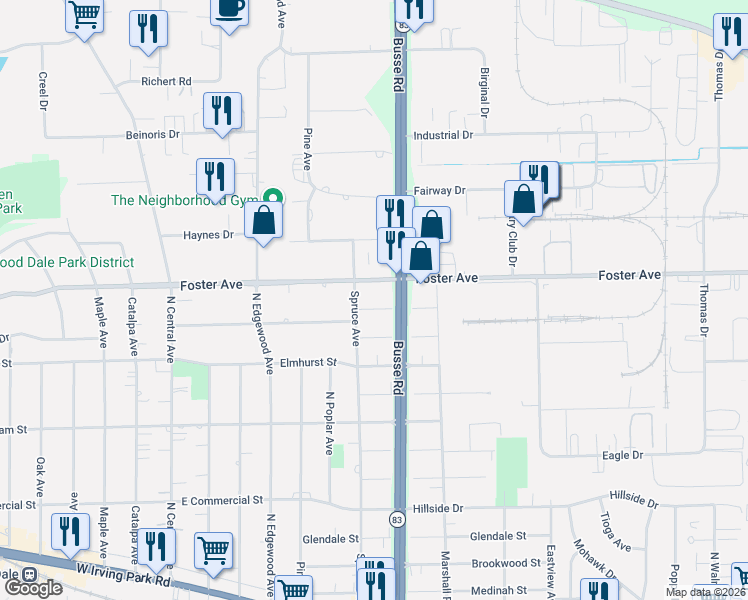 map of restaurants, bars, coffee shops, grocery stores, and more near 550 Illinois 83 in Bensenville