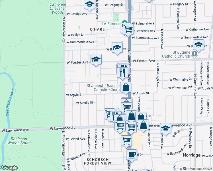 map of restaurants, bars, coffee shops, grocery stores, and more near 8542 West Winnemac Avenue in Chicago