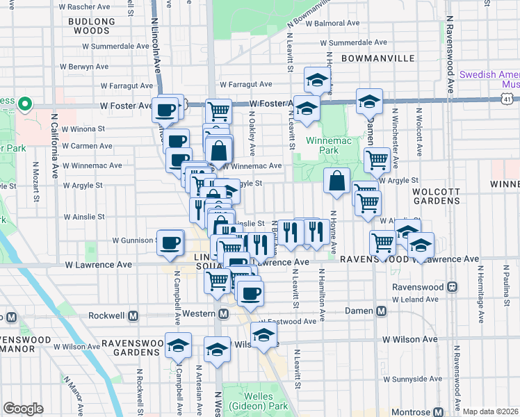 map of restaurants, bars, coffee shops, grocery stores, and more near 4932 North Bell Avenue in Chicago
