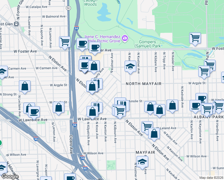 map of restaurants, bars, coffee shops, grocery stores, and more near 4950 North Kilpatrick Avenue in Chicago