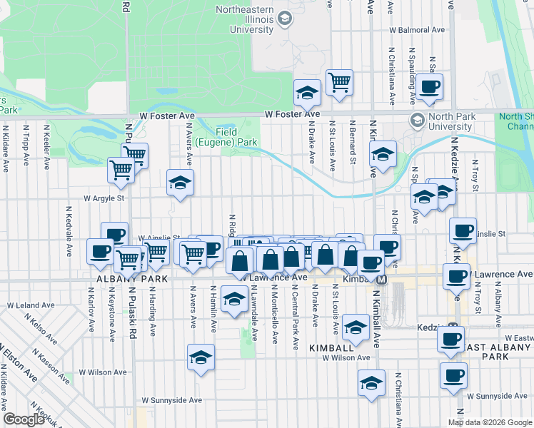 map of restaurants, bars, coffee shops, grocery stores, and more near 4932 North Monticello Avenue in Chicago