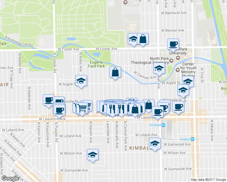 map of restaurants, bars, coffee shops, grocery stores, and more near 4932 N Monticello Ave in Chicago