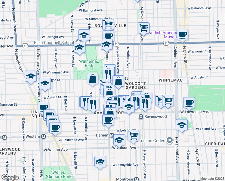 map of restaurants, bars, coffee shops, grocery stores, and more near 4915 North Damen Avenue in Chicago