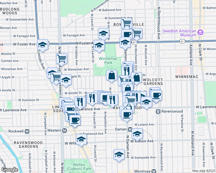 map of restaurants, bars, coffee shops, grocery stores, and more near 4920 North Hoyne Avenue in Chicago