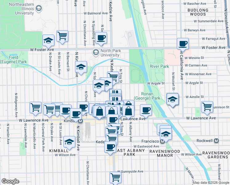 map of restaurants, bars, coffee shops, grocery stores, and more near 4931 North Kedzie Avenue in Chicago