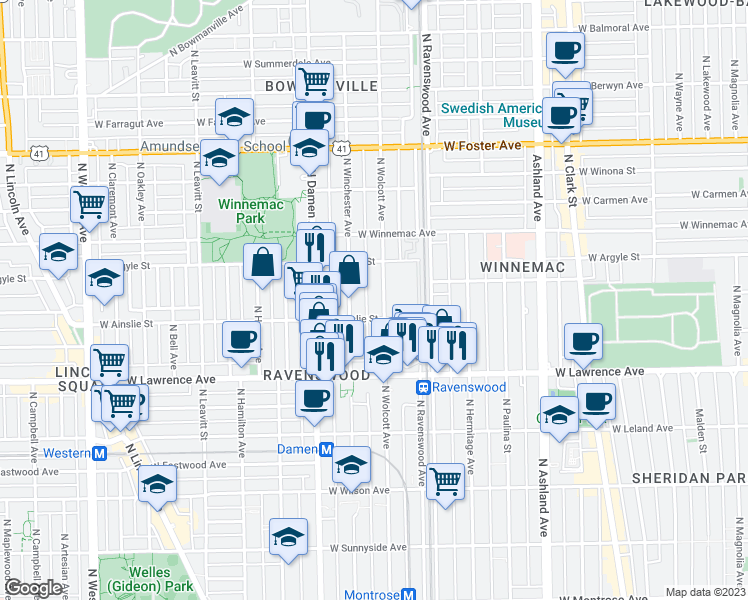 map of restaurants, bars, coffee shops, grocery stores, and more near 4926 North Wolcott Avenue in Chicago