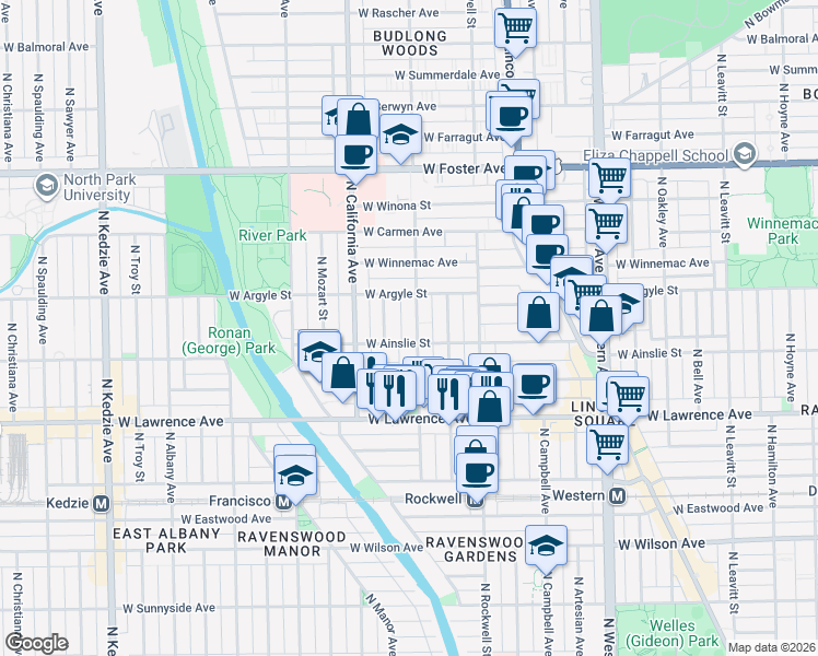 map of restaurants, bars, coffee shops, grocery stores, and more near 4925 North Washtenaw Avenue in Chicago