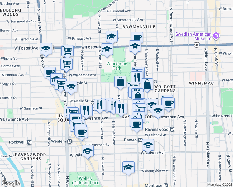 map of restaurants, bars, coffee shops, grocery stores, and more near 4920 North Hoyne Avenue in Chicago