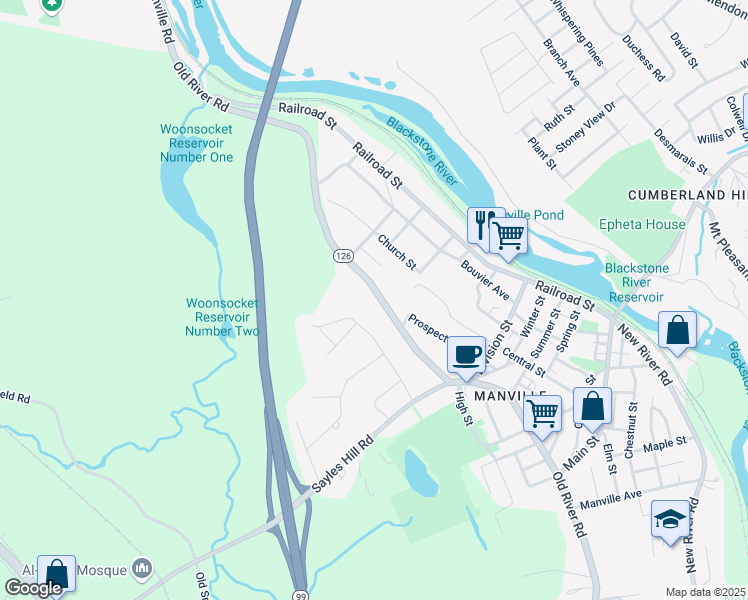 map of restaurants, bars, coffee shops, grocery stores, and more near 418 Old River Road in Lincoln