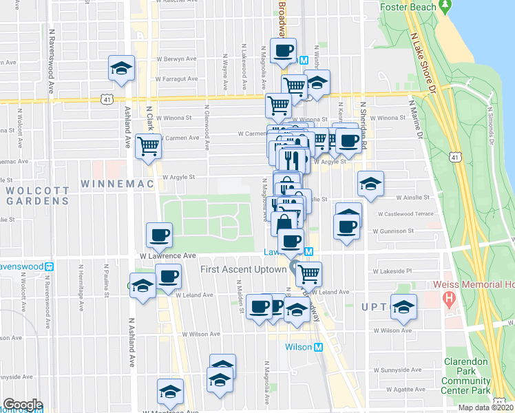 map of restaurants, bars, coffee shops, grocery stores, and more near 4886 North Magnolia Avenue in Chicago