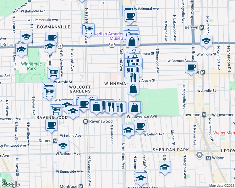 map of restaurants, bars, coffee shops, grocery stores, and more near 4891 North Paulina Street in Chicago