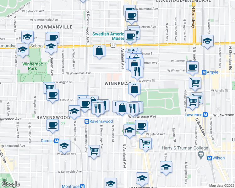 map of restaurants, bars, coffee shops, grocery stores, and more near 4891 North Paulina Street in Chicago