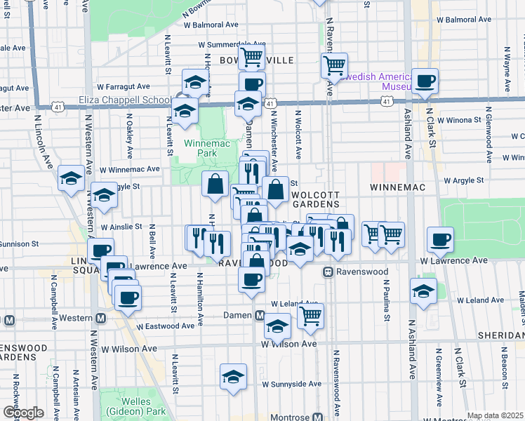 map of restaurants, bars, coffee shops, grocery stores, and more near 4926 North Winchester Avenue in Chicago