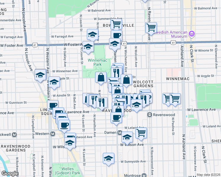 map of restaurants, bars, coffee shops, grocery stores, and more near 4928 North Damen Avenue in Chicago