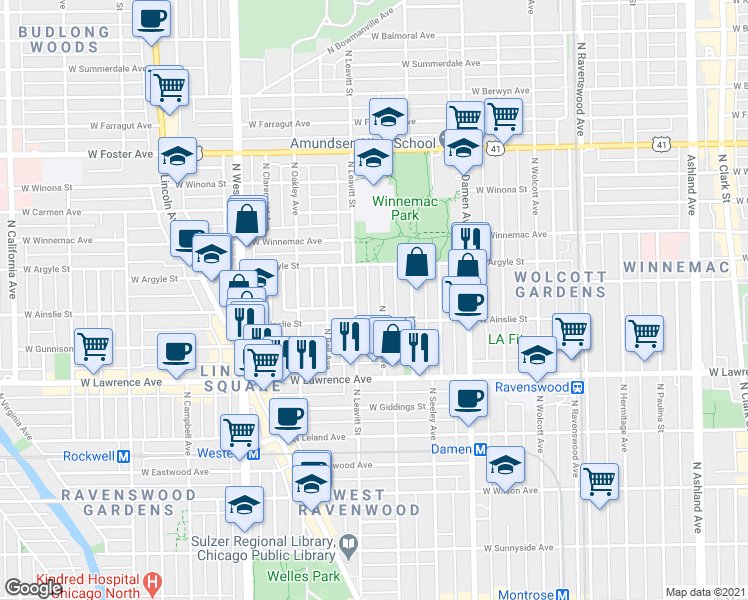 map of restaurants, bars, coffee shops, grocery stores, and more near 4931 North Leavitt Street in Chicago