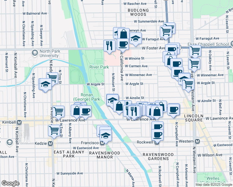 map of restaurants, bars, coffee shops, grocery stores, and more near 4924 North California Avenue in Chicago