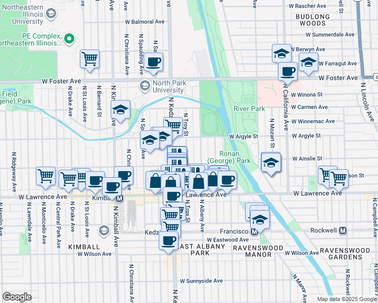map of restaurants, bars, coffee shops, grocery stores, and more near 4940 North Albany Avenue in Chicago