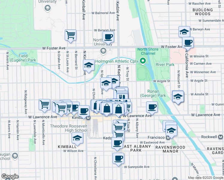 map of restaurants, bars, coffee shops, grocery stores, and more near 4929 North Sawyer Avenue in Chicago