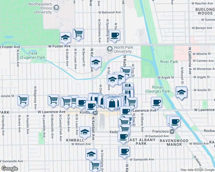 map of restaurants, bars, coffee shops, grocery stores, and more near 4934 North Spaulding Avenue in Chicago