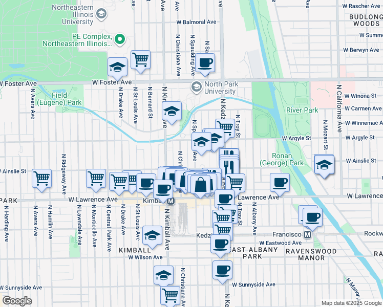 map of restaurants, bars, coffee shops, grocery stores, and more near 4934 North Spaulding Avenue in Chicago