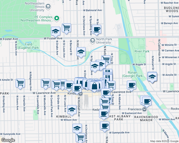 map of restaurants, bars, coffee shops, grocery stores, and more near 4934 North Spaulding Avenue in Chicago