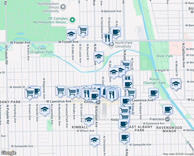 map of restaurants, bars, coffee shops, grocery stores, and more near 4944 North Christiana Avenue in Chicago