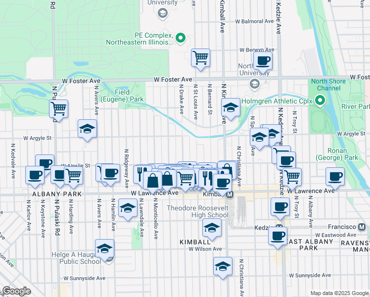 map of restaurants, bars, coffee shops, grocery stores, and more near 4941 North Drake Avenue in Chicago