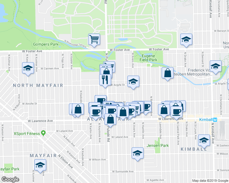 map of restaurants, bars, coffee shops, grocery stores, and more near 4949 North Pulaski Road in Chicago