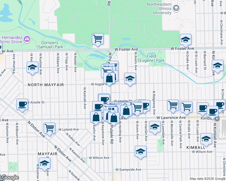 map of restaurants, bars, coffee shops, grocery stores, and more near 4949 North Pulaski Road in Chicago