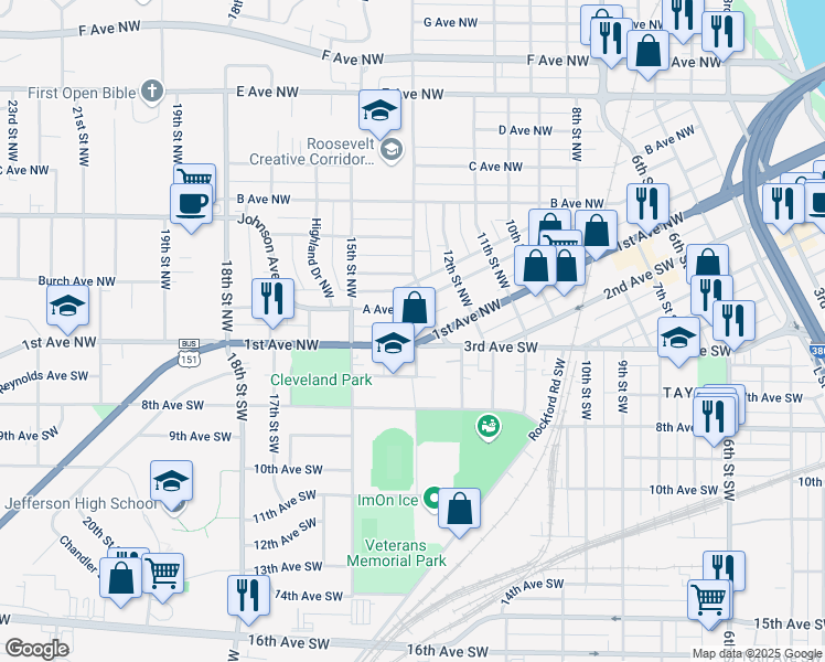 map of restaurants, bars, coffee shops, grocery stores, and more near 1304 1st Avenue Northwest in Cedar Rapids