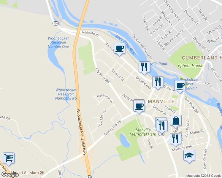 map of restaurants, bars, coffee shops, grocery stores, and more near 418 Old River Road in Lincoln