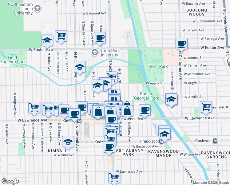 map of restaurants, bars, coffee shops, grocery stores, and more near 4941 North Kedzie Avenue in Chicago