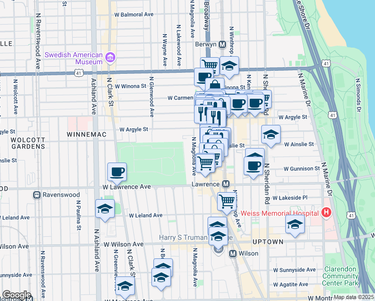map of restaurants, bars, coffee shops, grocery stores, and more near 4886 North Magnolia Avenue in Chicago