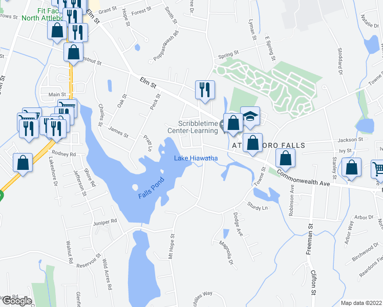 map of restaurants, bars, coffee shops, grocery stores, and more near 426 Mount Hope Street in North Attleborough