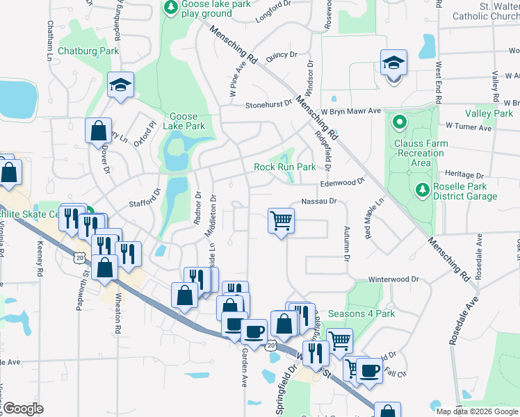 map of restaurants, bars, coffee shops, grocery stores, and more near 621 South Garden Avenue in Roselle