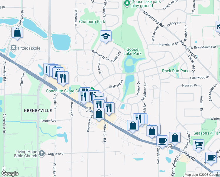map of restaurants, bars, coffee shops, grocery stores, and more near 648 Stafford Drive in Roselle