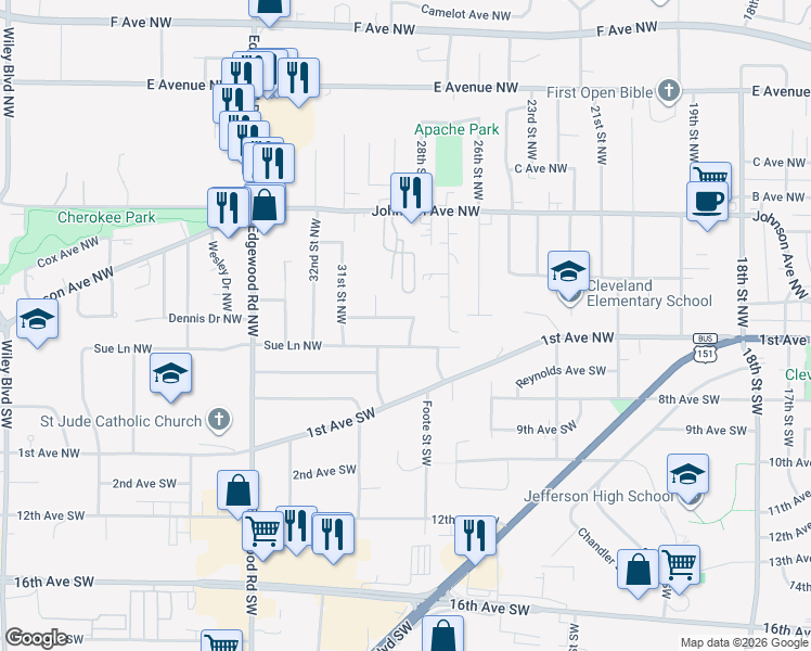 map of restaurants, bars, coffee shops, grocery stores, and more near 2900-2986 Dennis Drive Northwest in Cedar Rapids