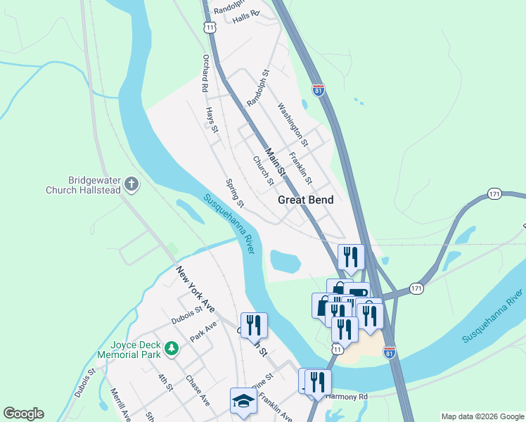 map of restaurants, bars, coffee shops, grocery stores, and more near 84 Spring Street in Great Bend