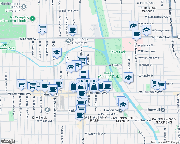 map of restaurants, bars, coffee shops, grocery stores, and more near 4931 North Troy Street in Chicago