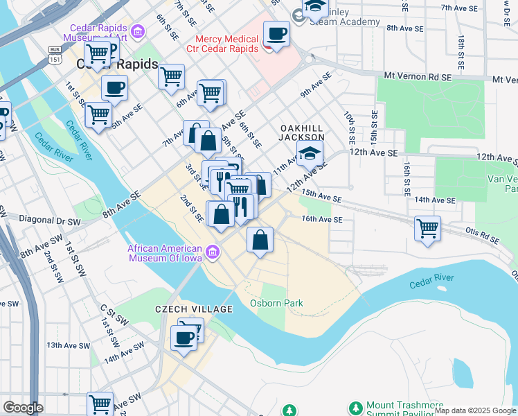 map of restaurants, bars, coffee shops, grocery stores, and more near 1120 Depot Lane Southeast in Cedar Rapids