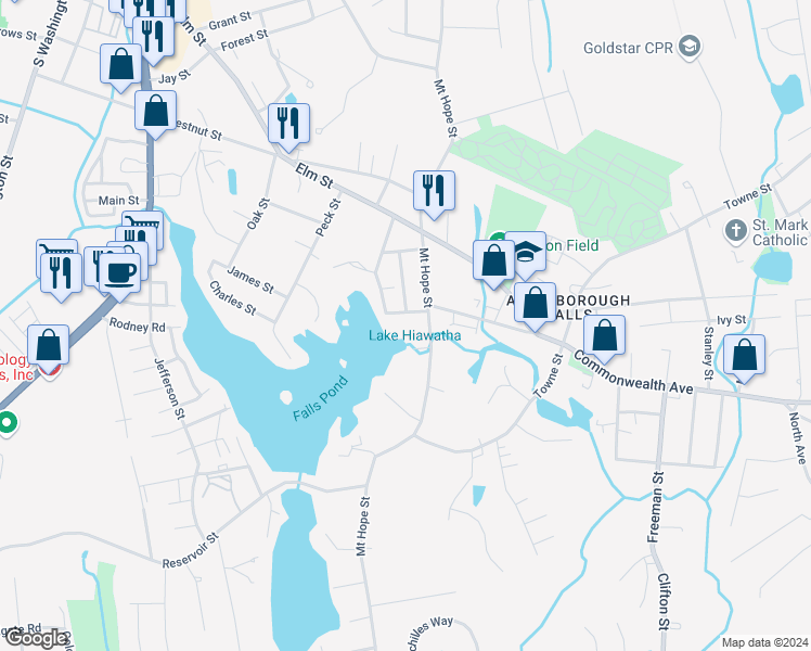 map of restaurants, bars, coffee shops, grocery stores, and more near 24 South Bulfinch Street in North Attleborough