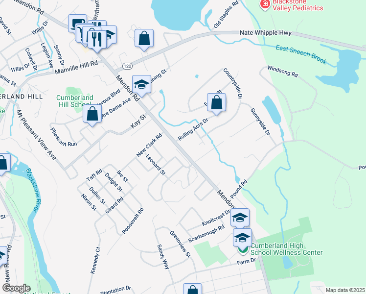 map of restaurants, bars, coffee shops, grocery stores, and more near 3001 Mendon Road in Cumberland