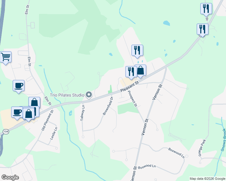 map of restaurants, bars, coffee shops, grocery stores, and more near 1037 Pleasant Street in Bridgewater
